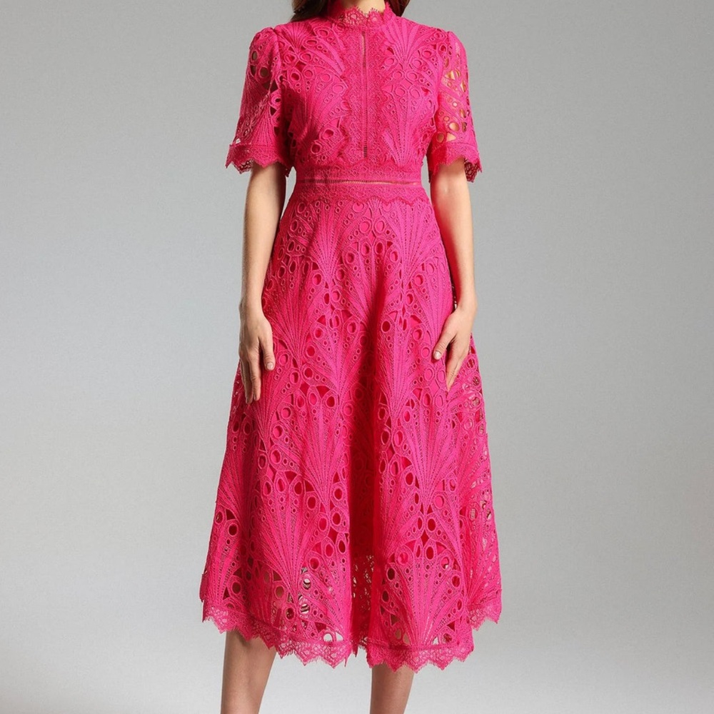 Pink Flutter Sleeve Mock Neck Midi Dress